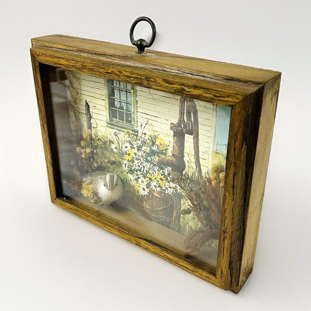 Vtg Rudy Nappi Water Pump Print Framed Shadow Box 3D Bird Dried Flowers
